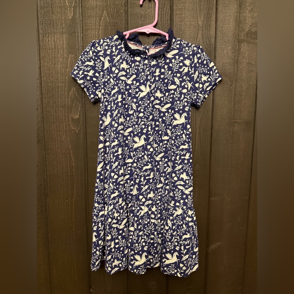 Mini Boden Girls Navy/White Flying Animals Dress Youth Size 7-8 Pig Unicorn Owls